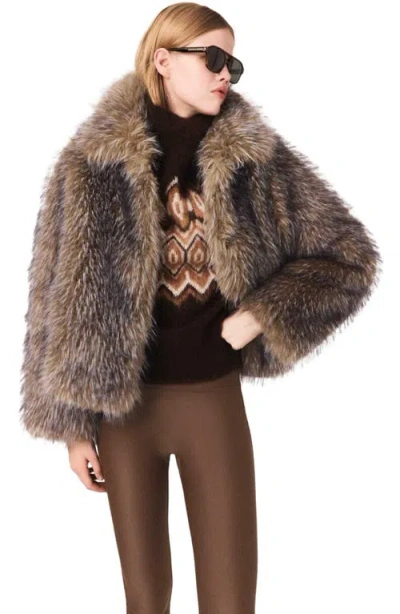 Maje Short Faux Fur Coat In Brown