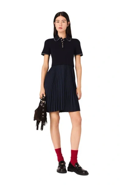 Maje Short Pleated Polo Collar Dress In Black