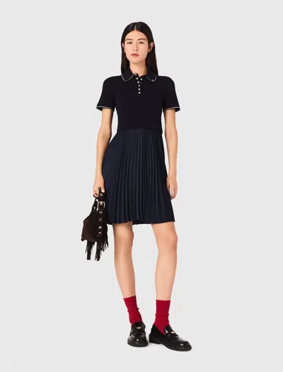Maje Short Pleated Polo Collar Dress In Black
