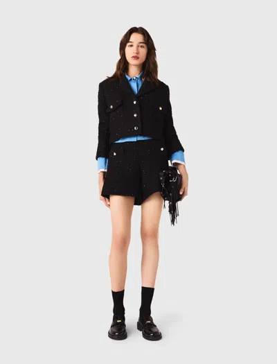 Maje Short Rhinestone Tweed Jacket In Black
