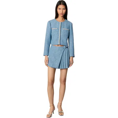 Maje Short Sequin Tweed Jacket In Blue