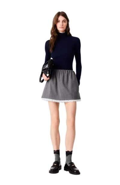 Maje Short Skirt With Lace Trim In Grey