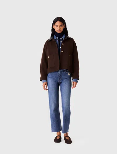 Maje Short Wool Jacket With Pleated Back In Brown