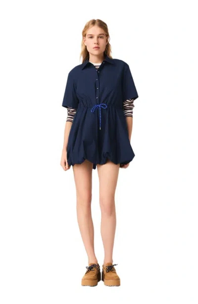 Maje Womens Navy Bubble-hem Short-sleeve Cotton Mini Dress In Blue