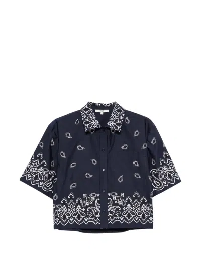 Maje Cropped Embroidered Taffeta Shirt In Blue