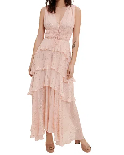 Maje Ruffled Metallic Silk-blend Crepon Midi Dress In Blush