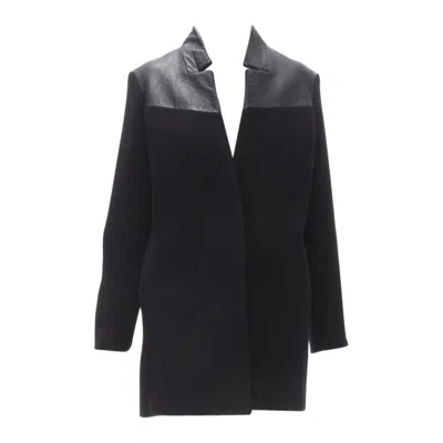 Pre-owned Maje Sirop Black Calfskin Leather Trim Wool Collarless Coat Us2 S