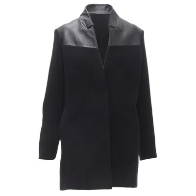 Maje Sirop Calfskin Leather Trim Wool Collarless Coat In Black