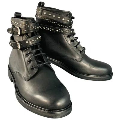 Pre-owned Maje Size 6 Black Studded Leather Wrap Around Lace-up Boots