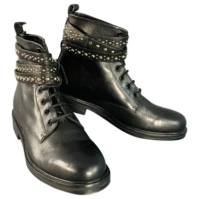 Pre-owned Maje Size 7 Black Studded Leather Wrap Around Lace-up Ankle Boots