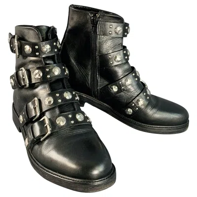Pre-owned Maje Size 9 Black Leather Studded Belted Side Zipper Military Ankle Boots