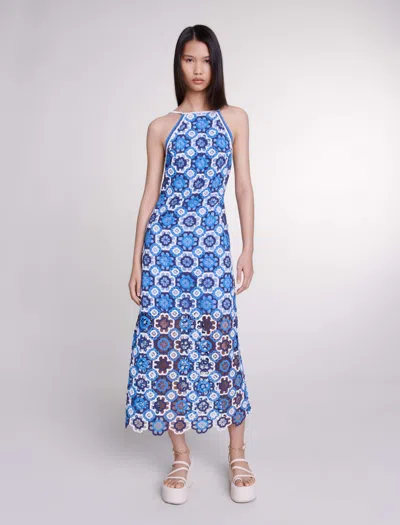 Maje Three-tone Crochet Dress In Blue