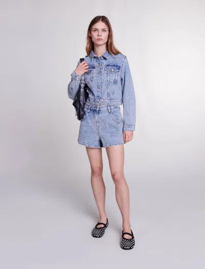 Maje Diamond And Jacquard Denim Shorts In Blue