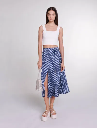 Maje Mid-length Satin-effect Skirt In Clover Navy/ecru /