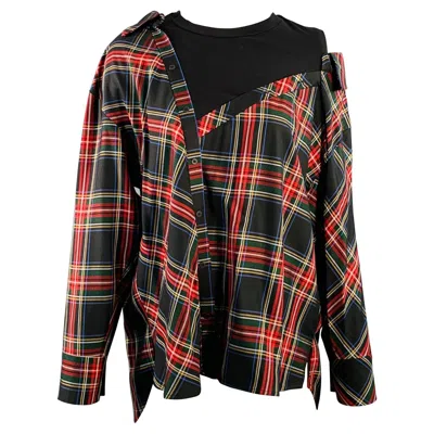 Pre-owned Maje Size S Black Multi Color Acetate Blend Plaid Asymmetrical Casual Top