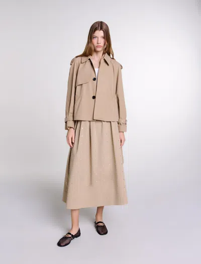 Maje Short Studded Trench Coat In Beige