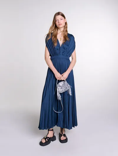 Maje Pleated Maxi Dress In Navy