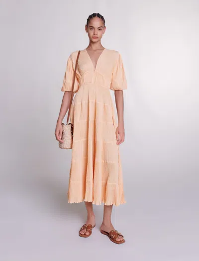 Maje Woman's Polyester Buttons: Pleated Maxi Dress For Spring/summer In Pale Orange /