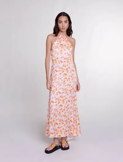 Maje Floral Satin-effect Maxi Dress In Sping Orange Flower Print /