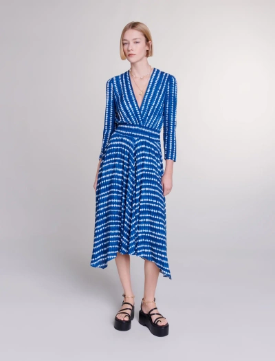 Maje Asymmetrical Maxi Dress In Tie Dye Blue Drop Print /
