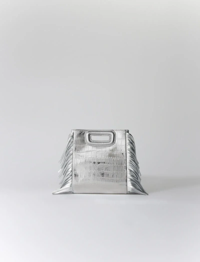 Maje Croc Metallic Leather Mini Shoulder Bag In Silver