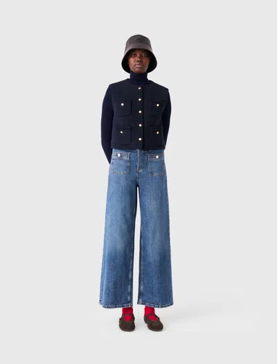 Maje Sleeveless Tweed Jacket In Navy