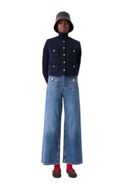 Maje Sleeveless Tweed Jacket In Navy