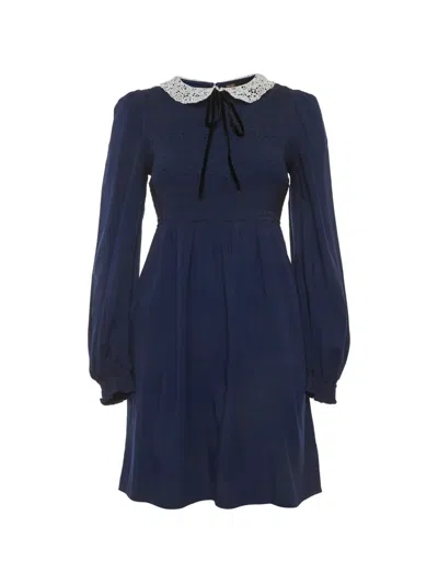 Pre-owned Maje Smocked Guipure-collar Mini Dress In Blue