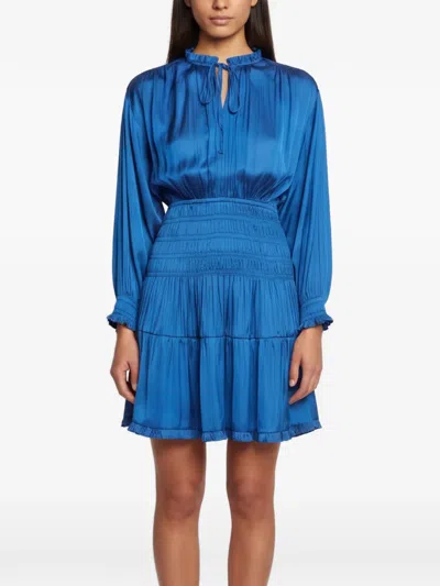 Pre-owned Maje Smocked Neck-tie Tiered Mini Dress In Blue