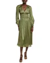 Maje Smocked Waist Midi Dress In Green