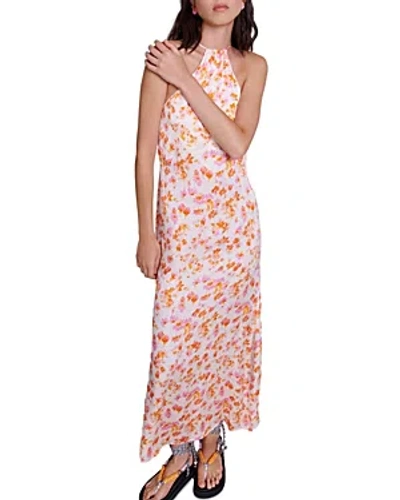 Maje Spring Halter Maxi Dress In Sping Orange Flower Print
