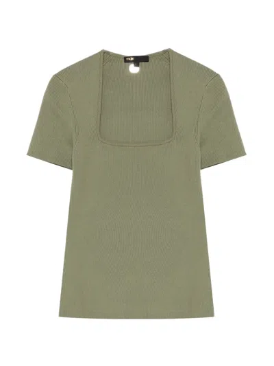 Maje Square Neck Ribbed T-shirt In Green