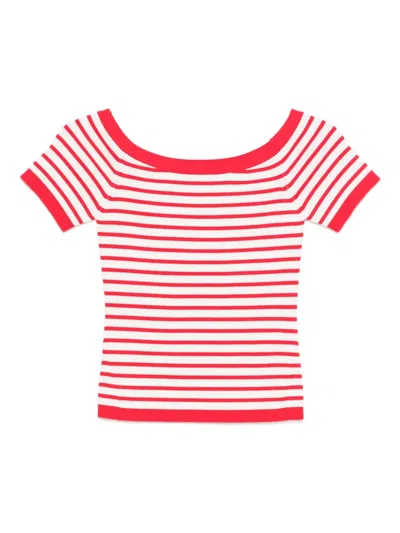 Maje Womens Red Striped Boat-neck Cotton-blend Top