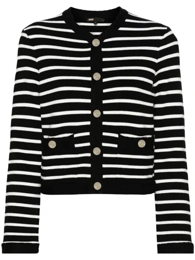 Maje Striped Knitted Cardigan In Black