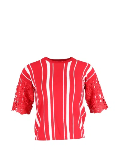 Pre-owned Maje Striped Lace-trim T-shirt In Red