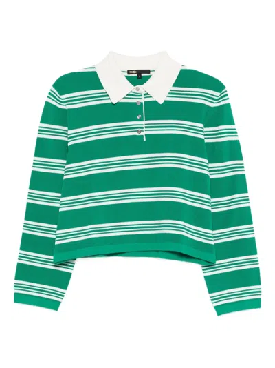 Maje Striped Long-sleeve Polo Top In Green