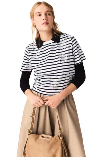 Maje Striped Rhinestone Flower T-shirt In White