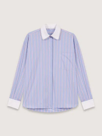 Maje Striped Shirt With Beaded Collar In Light Blue Stripes