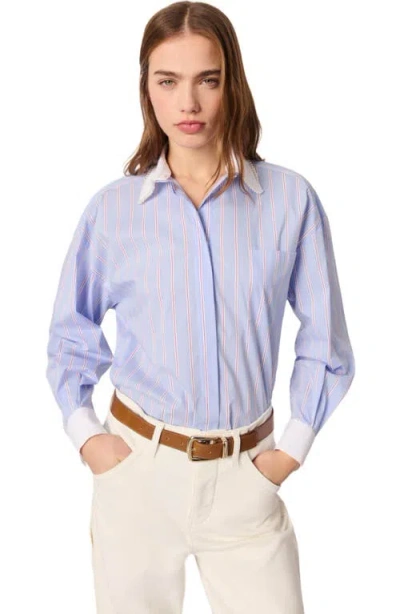Maje Striped Shirt With Beaded Collar In Light Blue Stripes