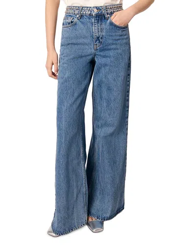 Maje Studded Mid Rise Wide Leg Jeans In Blue Jean In Bleus