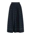 Maje Womens Navy Stud-embellished Contrast-stitching Stretch Cotton-blend Midi Skirt In Blue