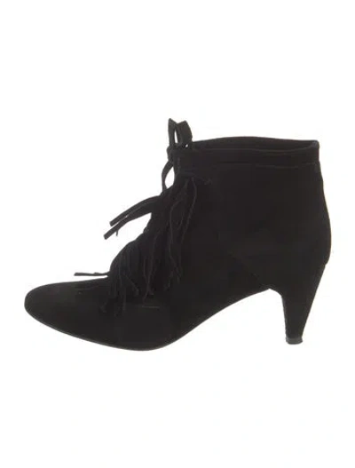 Pre-owned Maje Suede Fringe Trim Accent Lace-up Boots In Black