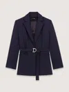 Maje Villeplisse Belted Pleated Blazer In Navy