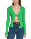 Maje Ribbed Knit Cardigan With Frill In Green