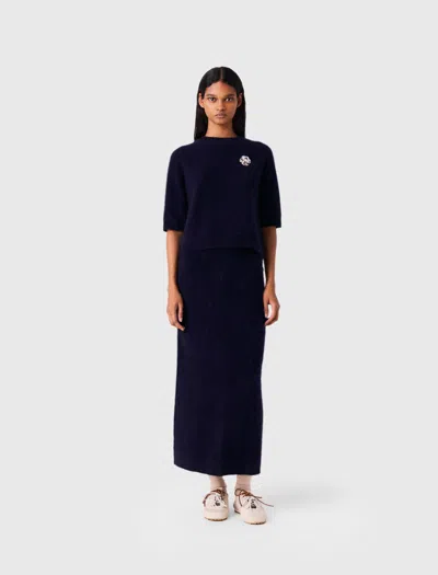 Maje Sweater With Floral Brooch In Navy
