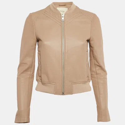 Pre-owned Maje Tan Leather Zip-up Jacket S In Beige