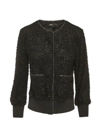 Pre-owned Maje Textured-knit Zip-up Jacket In Black