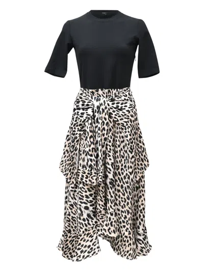 Pre-owned Maje Tie-front Leopard-print Midi Dress In Black