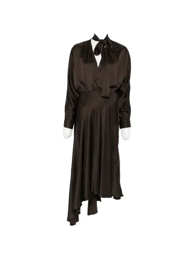 Maje Tie-neck Asymmetric Midi Dress In Brown