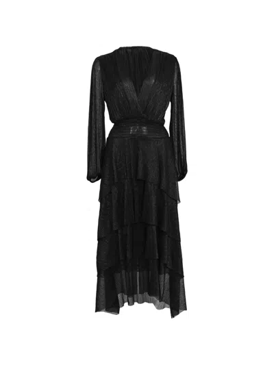 Pre-owned Maje Tiered Metallic-knit Dress In Black